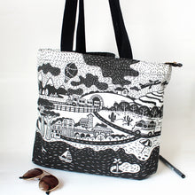 Load image into Gallery viewer, Illustrated Canvas Zippered Tote Bag With Waterproof Lining - Travel (Charcoal)