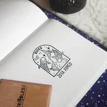 Load image into Gallery viewer, Personalised Rubber Zodiac Sign Name Stamp on a Wooden Mount