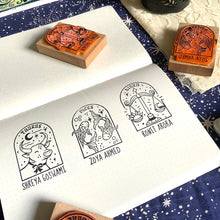 Load image into Gallery viewer, Personalised Rubber Zodiac Sign Name Stamp on a Wooden Mount