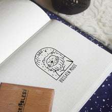 Load image into Gallery viewer, Personalised Rubber Zodiac Sign Name Stamp on a Wooden Mount