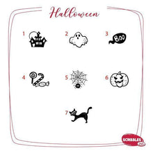 Load image into Gallery viewer, Mini Halloween Rubber Stamp Set on a Wooden Mount - Set of 7