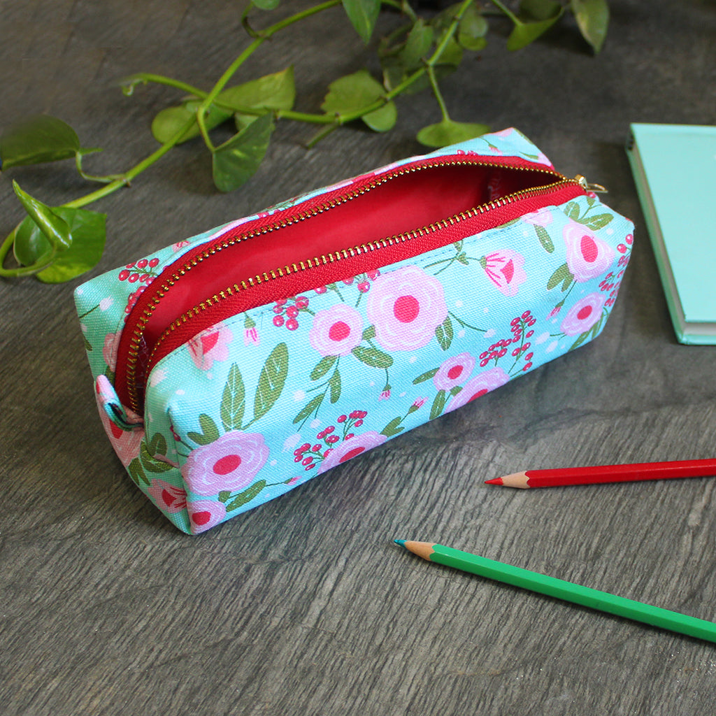 Canvas Zippered Box Pouch with Waterproof Lining Multipurpose, Stationery Pouch, Accessories Pouch, Makeup Pouch SpringFlower