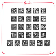 Load image into Gallery viewer, Mini Alphabet Rubber Stamp Set on a Wooden Mount - Gothic/Spring