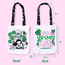 Load image into Gallery viewer, Illustrated Front/Back Canvas Zippered Tote Bag - You Grow Girl (Can be Personalised)