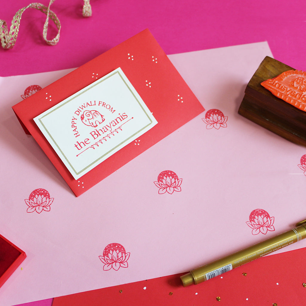 Personalised Rubber Name Stamp on a Wooden Mount with Stamp Pad - Happy Diwali
