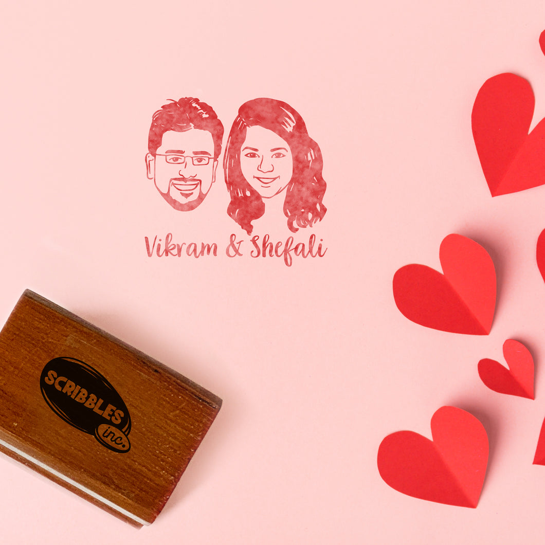 Personalised Face Rubber Stamp with Wooden Mount - Custom Hand Drawn.