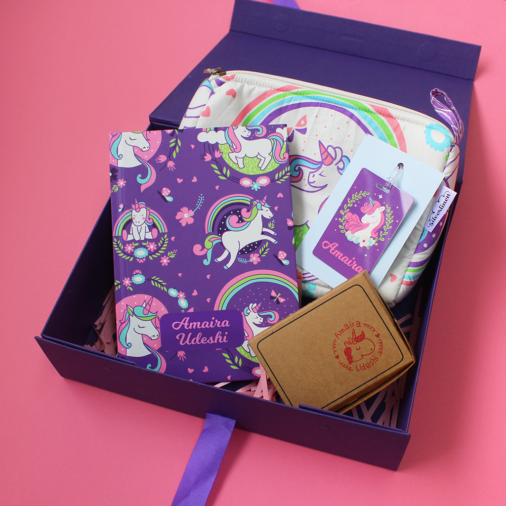 Unicorn & Rainbows Themed Personalised Stationery Gift Hamper