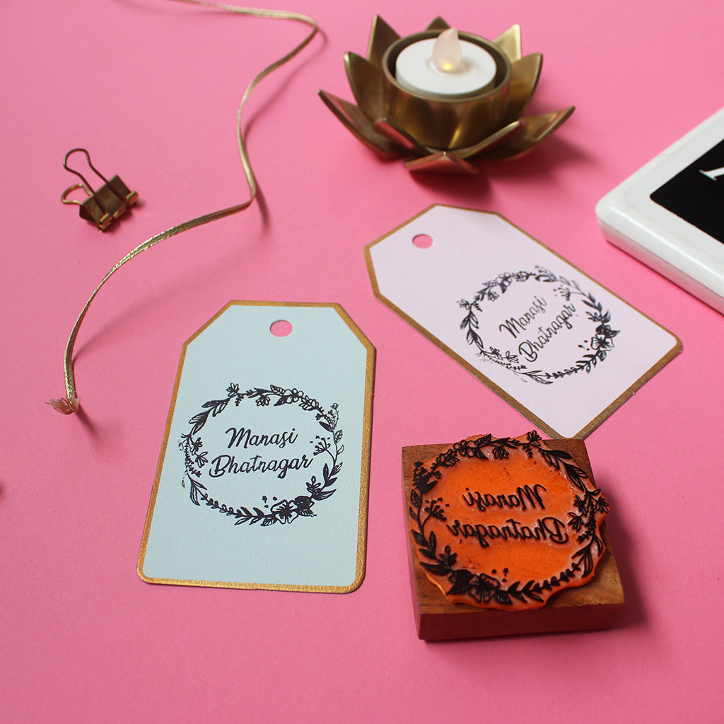 Personalised Rubber Name Stamp with Wooden Mount - Floral Hoop