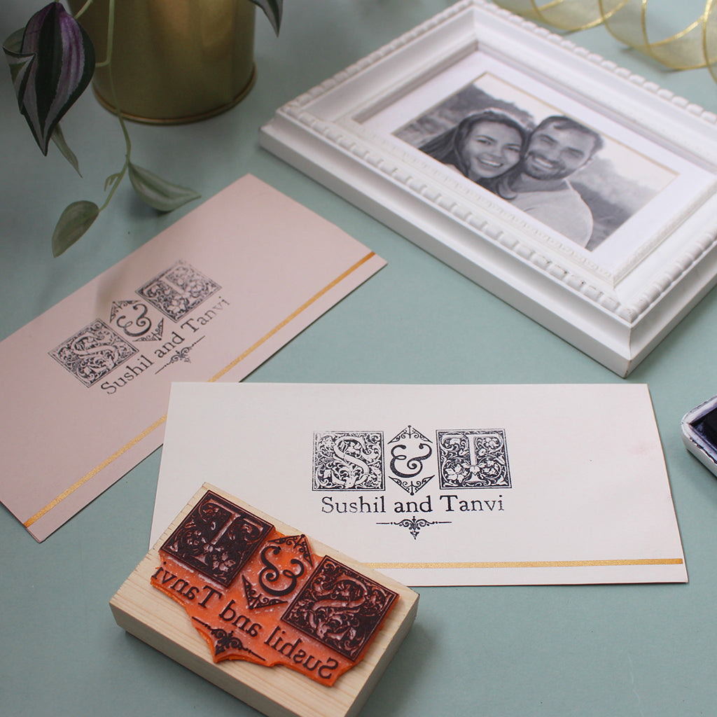 Personalised Rubber Name Stamp with Wooden Mount - Couple Gothic Monogram