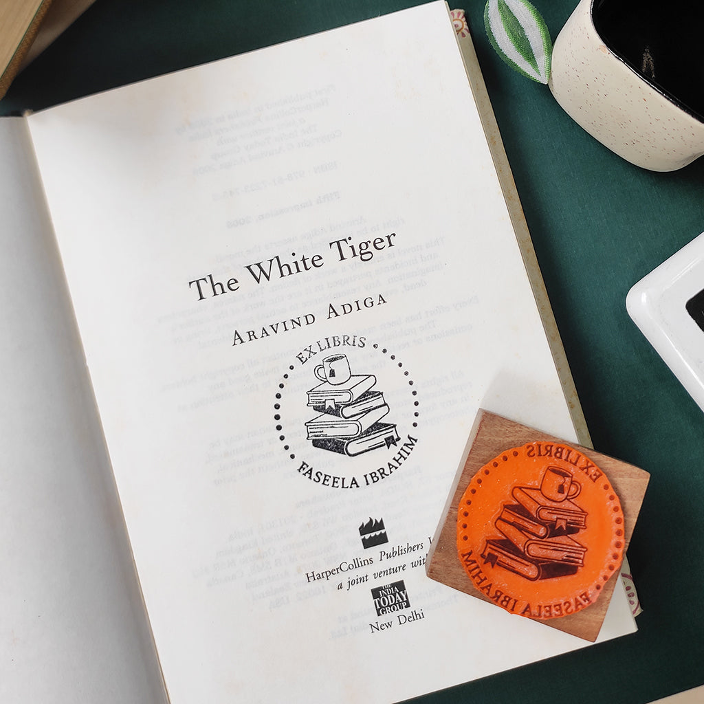 Personalised Ex Libris Rubber Stamp with Wooden Mount - Coffee Addict