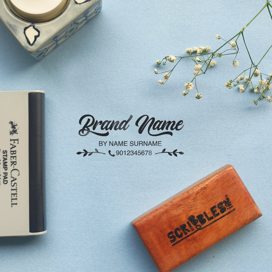 Custom Text Only Stamp for Shop/Business Rubber Stamp with Wooden Mount - Brand + Name + Phone Number