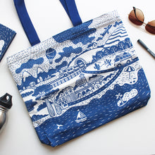 Load image into Gallery viewer, Illustrated Canvas Zippered Tote Bag With Waterproof Lining - Travel (Blue)
