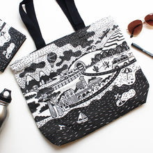 Load image into Gallery viewer, Illustrated Canvas Zippered Tote Bag With Waterproof Lining - Travel (Charcoal)
