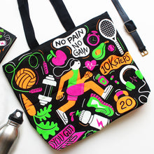 Load image into Gallery viewer, Illustrated Canvas Zippered Tote Bag With Waterproof Lining - Fitness
