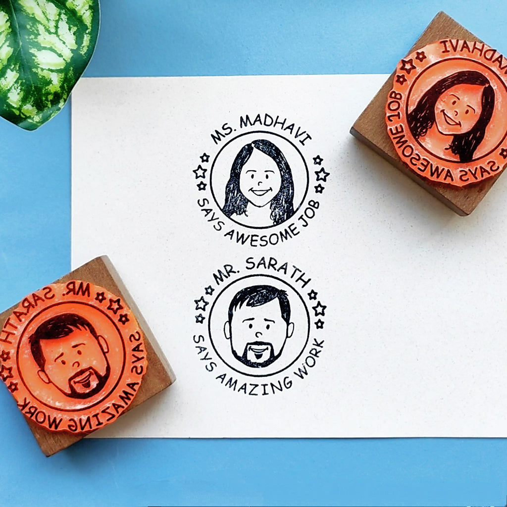 Personalised Single Face With Custom Text and Name Rubber Stamp with Wooden Mount