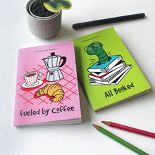 Load image into Gallery viewer, Coffee &amp; Books Themed A6 Blank Pocket Notepads 60 Pages (Set of 2)
