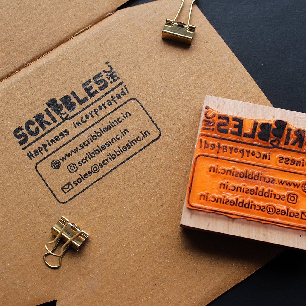 Small Business Logo + Custom Text Rubber Stamp on a Wooden Mount