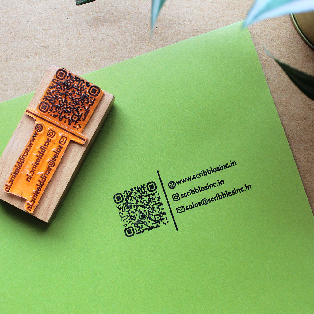 Small Business QR Code + Custom Text Rubber Stamp on a Wooden Mount