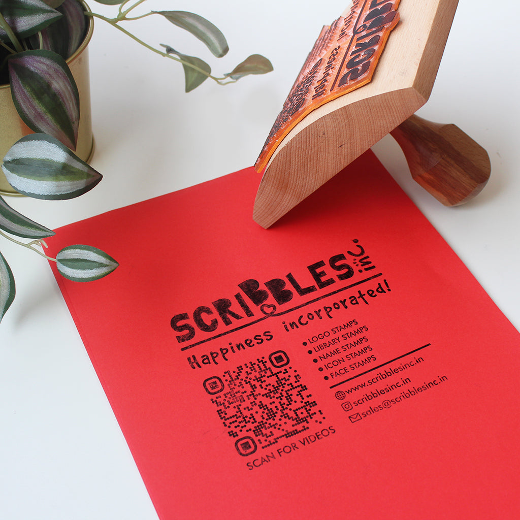 Small Business Logo + QR Code + Text Rubber Stamp with Wooden Rocker Mount