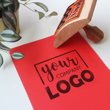 Load image into Gallery viewer, Company Logo Small Business Rubber Stamp with Wooden Rocker Mount - 5 in x 5 in
