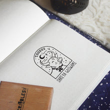 Load image into Gallery viewer, Personalised Rubber Zodiac Sign Name Stamp on a Wooden Mount
