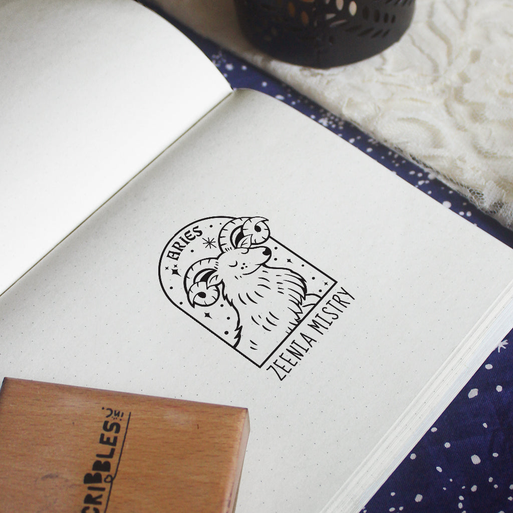 Personalised Rubber Zodiac Sign Name Stamp on a Wooden Mount