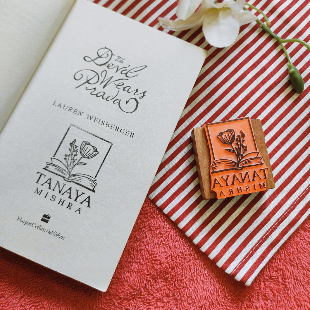 Personalised Rubber Name/Library Stamp with Wooden Mount - Book Flowers