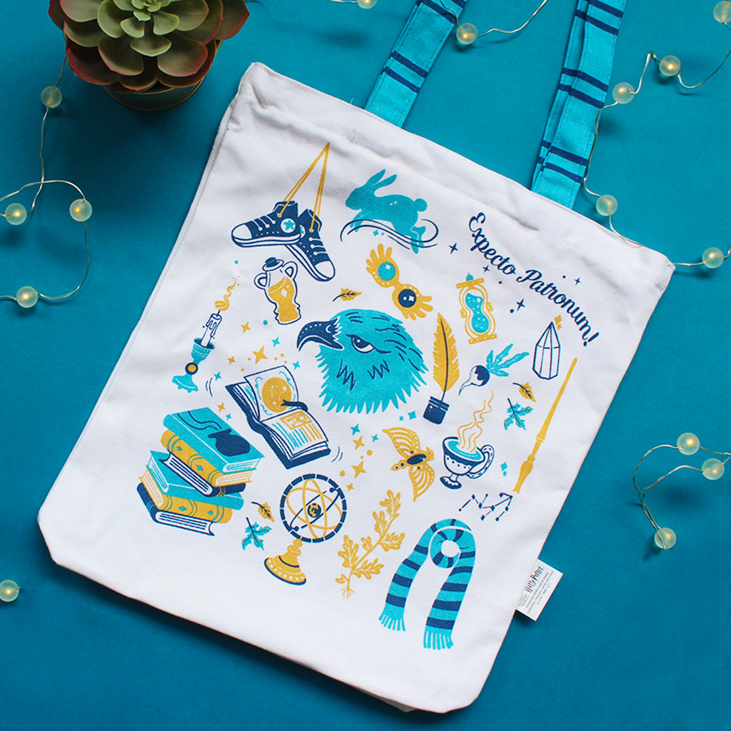 Official Harry Potter Illustrated Front/Back Canvas Zippered Tote Bag  - Ravenclaw (Can be Personalised)