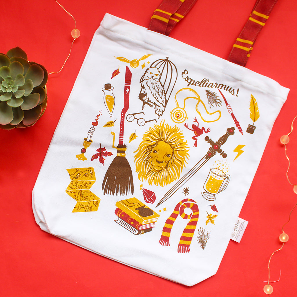 Official Harry Potter Illustrated Front/Back Canvas Zippered Tote Bag  - Gryffindor (Can be Personalised)