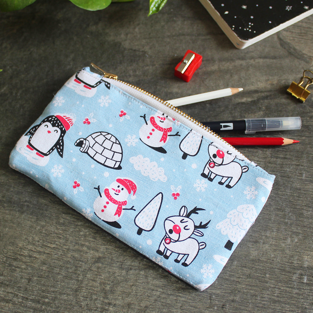 Canvas Zippered Flat Pouch with Waterproof Lining - Multipurpose, Stationery Pouch, Accessories Pouch, Makeup Pouch - Winter Wonderland