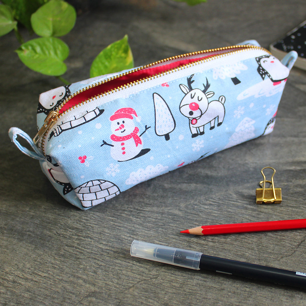 Canvas Zippered Box Pouch with Waterproof Lining - Multipurpose, Stationery Pouch, Accessories Pouch, Makeup Pouch - Winter Wonderland