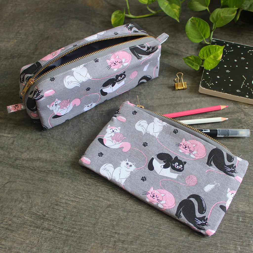 Set of 2 Canvas Zippered Pouches with Waterproof Lining (1 Flat & 1 Box) - Multipurpose, Stationery Pouch, Accessories Pouch, Makeup Pouch - Cats