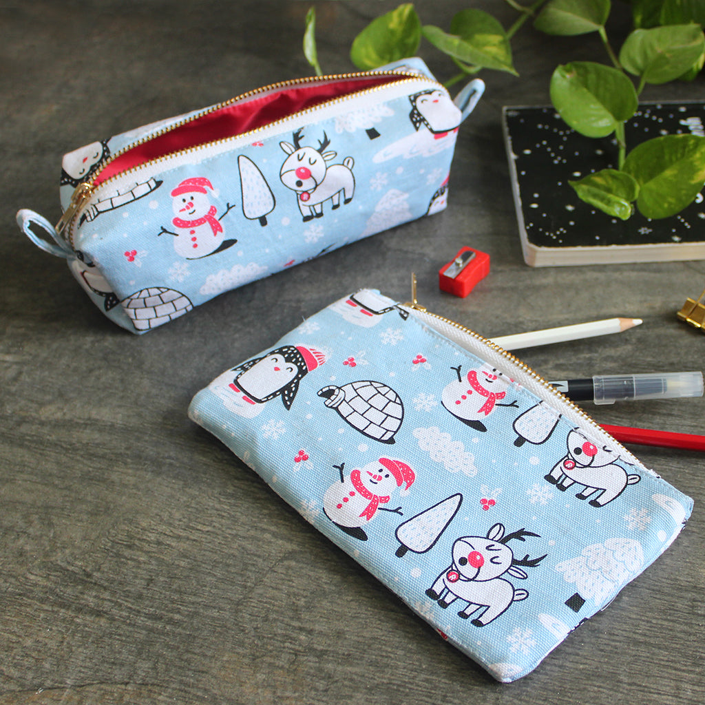 Set of 2 Canvas Zippered Pouches with Waterproof Lining (1 Flat & 1 Box) - Multipurpose, Stationery Pouch, Accessories Pouch, Makeup Pouch - Winter Wonderland