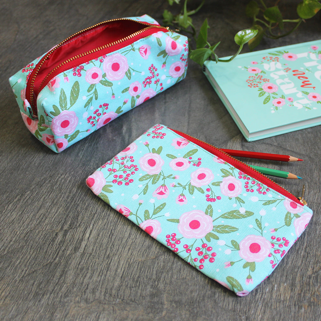 Set of 2 Canvas Zippered Pouches with Waterproof Lining (1 Flat & 1 Box) - Multipurpose, Stationery Pouch, Accessories Pouch, Makeup Pouch - SpringFlower
