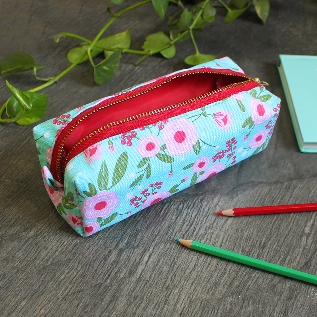 Canvas Zippered Box Pouch with Waterproof Lining - Multipurpose, Stationery Pouch, Accessories Pouch, Makeup Pouch - SpringFlower