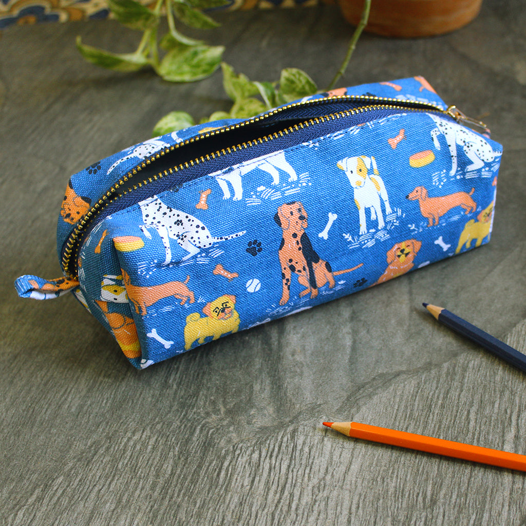 Canvas Zippered Box Pouch with Waterproof Lining - Multipurpose, Stationery Pouch, Accessories Pouch, Makeup Pouch - Dogs