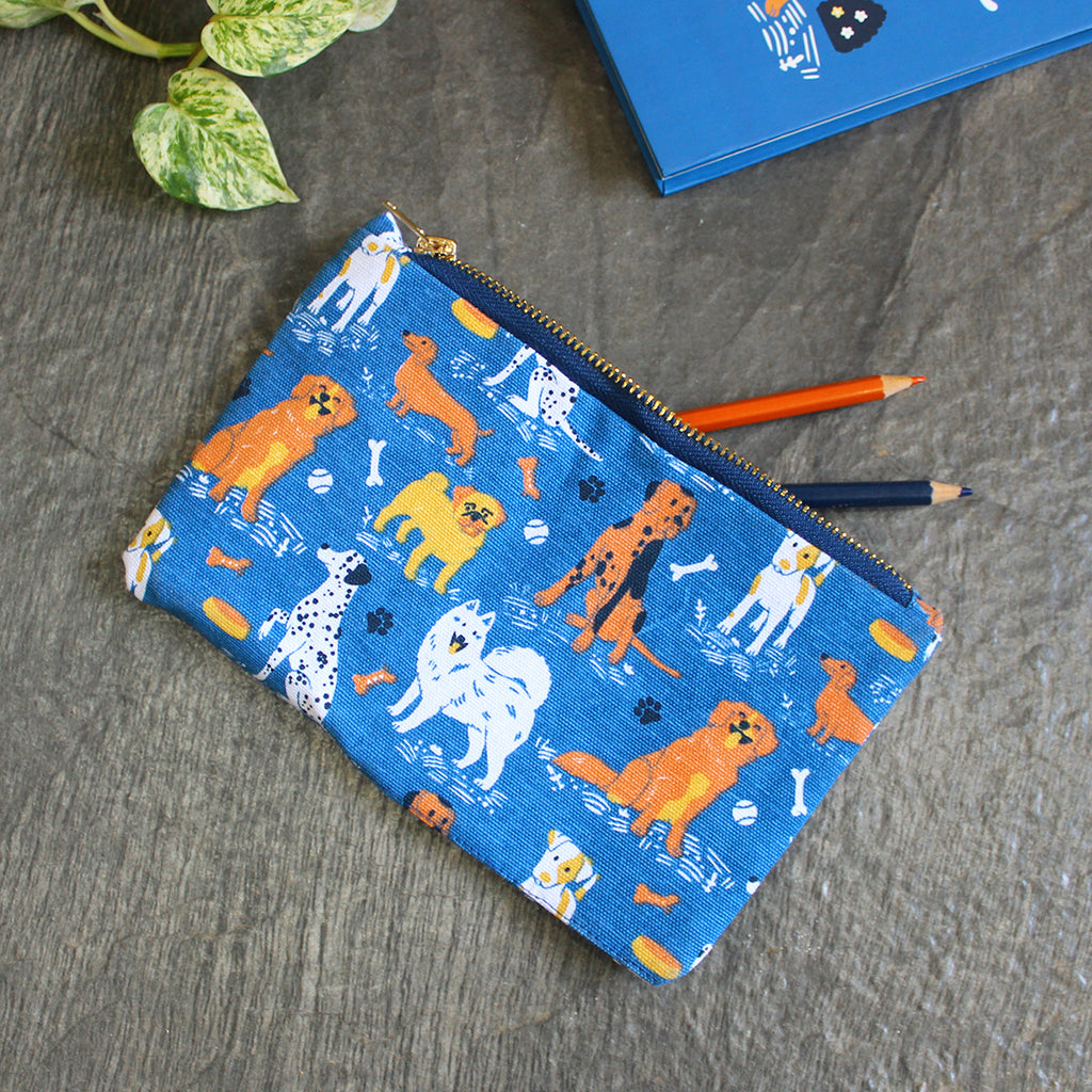 Canvas Zippered Flat Pouch with Waterproof Lining - Multipurpose, Stationery Pouch, Accessories Pouch, Makeup Pouch - Dogs