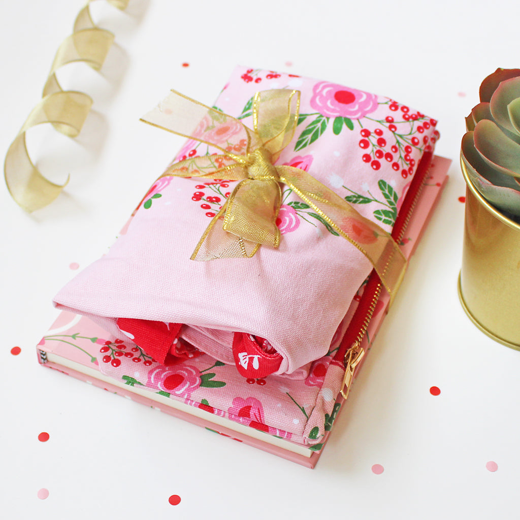 Spring-Flower Themed Curated Gift Hamper - Set of Tote Bag, Pouch & Notebook - Pink