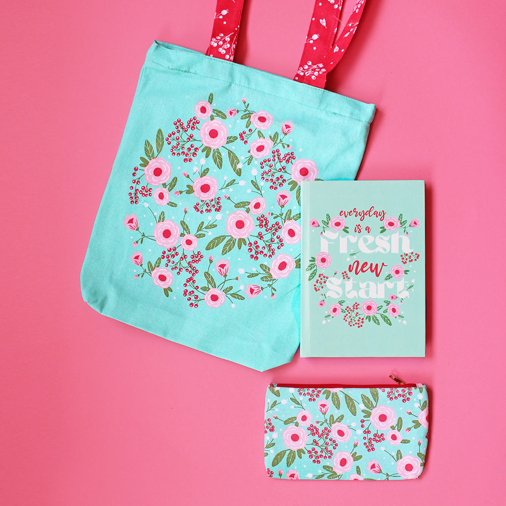 Spring-Flower Themed Curated Gift Hamper - Set of Tote Bag, Pouch & No ...