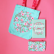 Load image into Gallery viewer, Spring-Flower Themed Curated Gift Hamper - Set of Tote Bag, Pouch &amp; Notebook - Green
