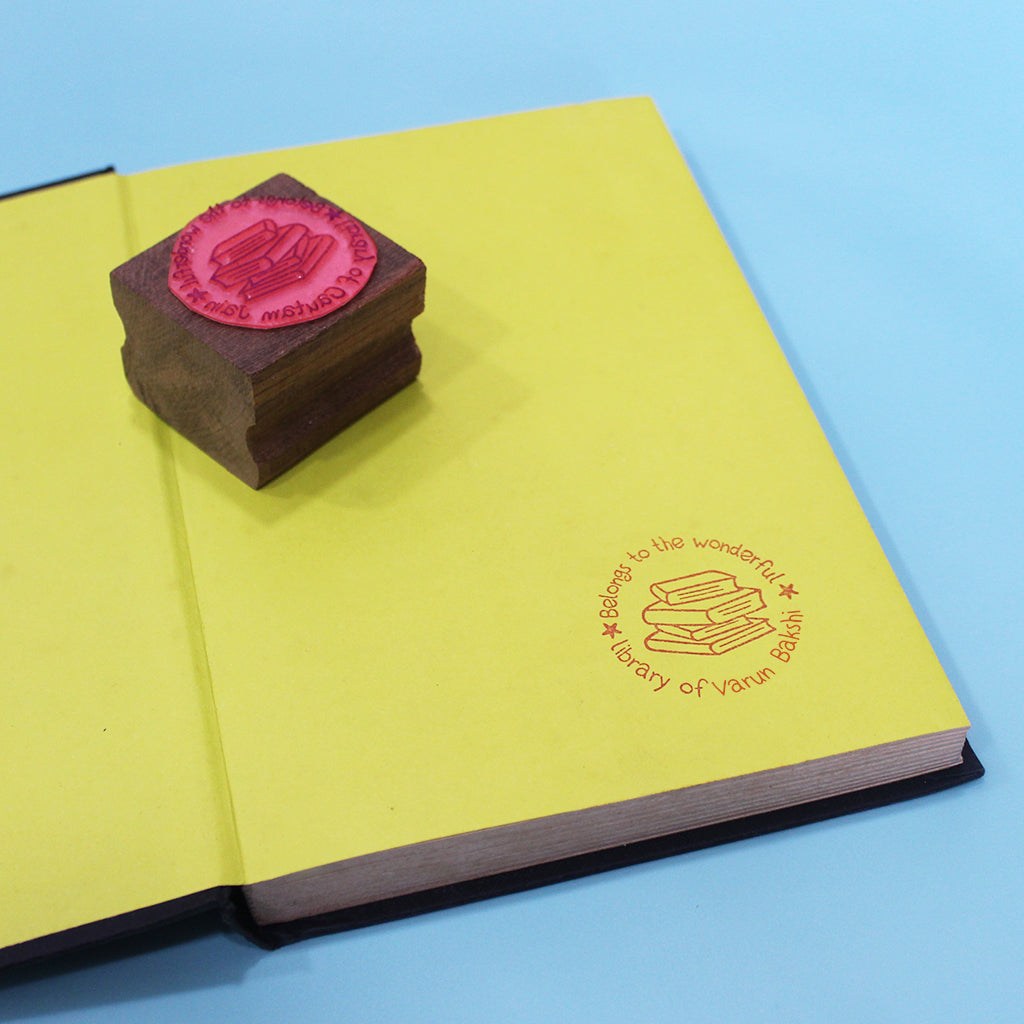 Personalised Rubber Library Stamp with Wooden Mount - Pile of Books