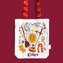 Load image into Gallery viewer, Official Harry Potter Illustrated Front/Back Canvas Zippered Tote Bag  - Gryffindor (Can be Personalised)
