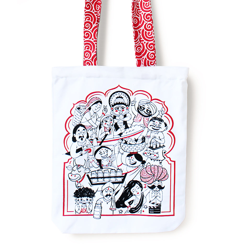 Illustrated Front/Back Canvas Zippered Tote Bag - Made in Bharat ...