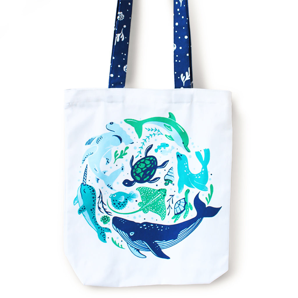 Illustrated Front/Back Canvas Zippered Tote Bag - Save The Seas ...